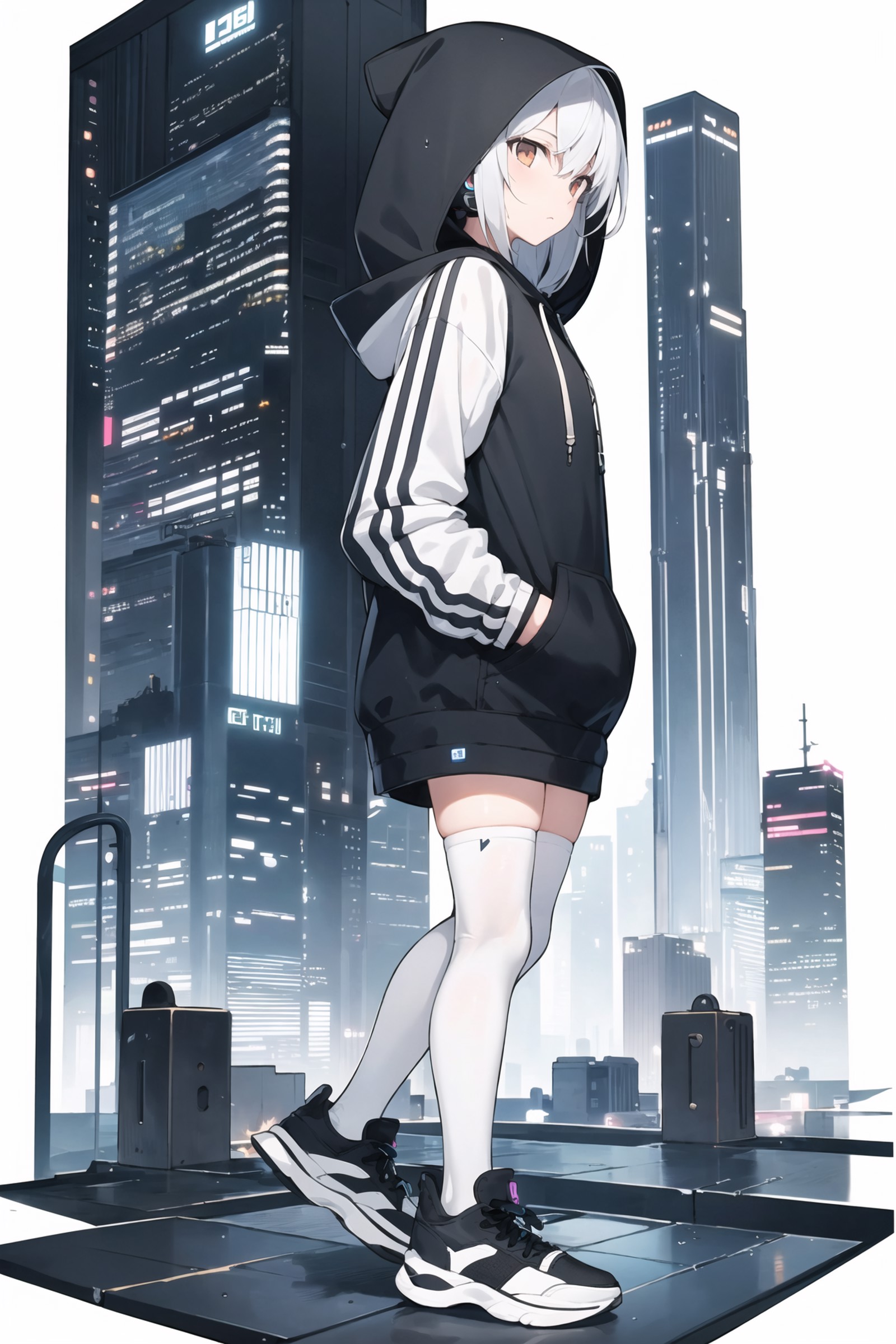 masterpiece, best quality, masterpiece,1girl,solo,hoodie, thighhighs, sneakers, headphones, rain,neon lights, expressionle...