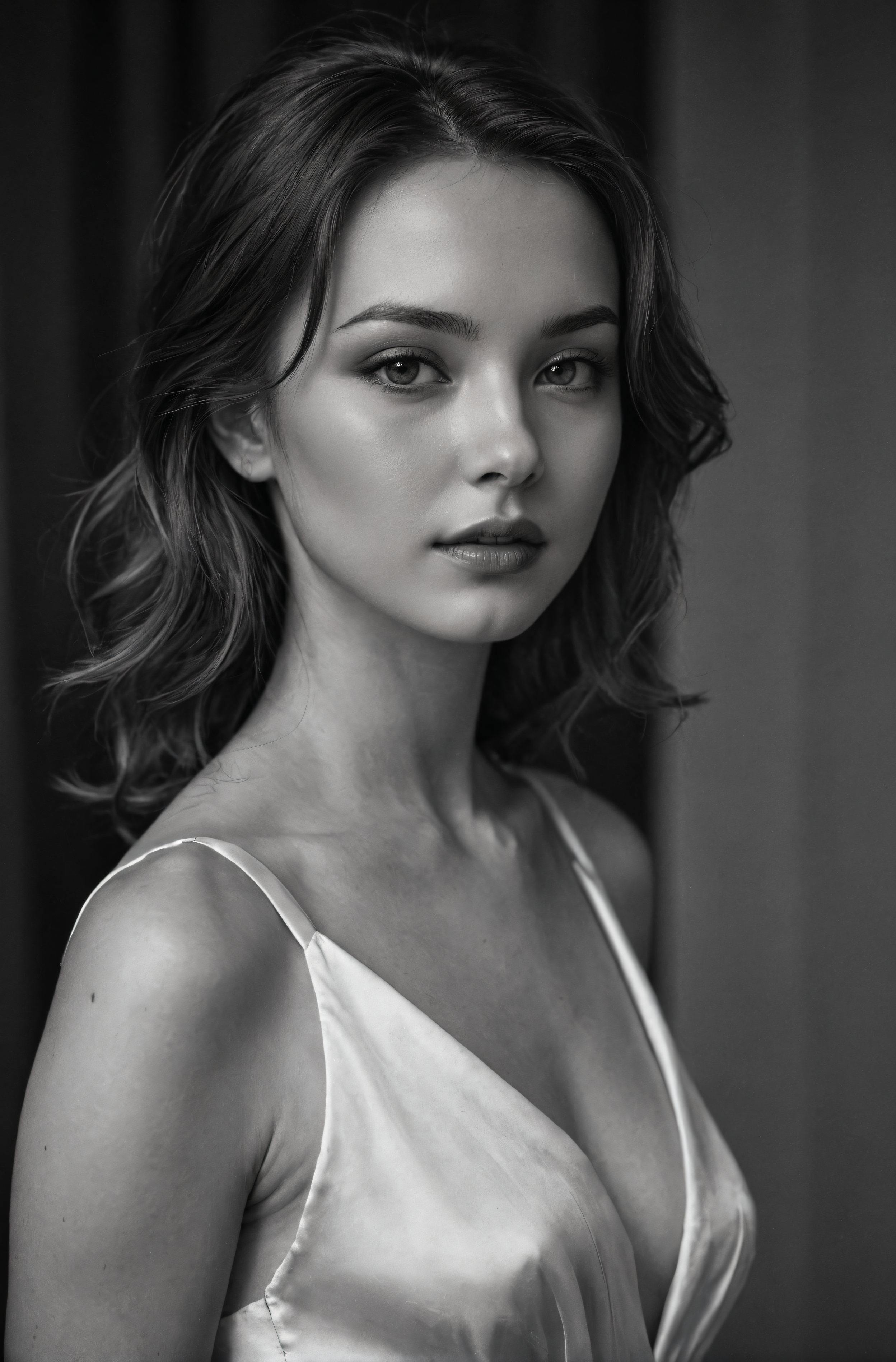 1girl, beautiful, smooth skin, greyscale, noir, white silk dress, portrait, close-up