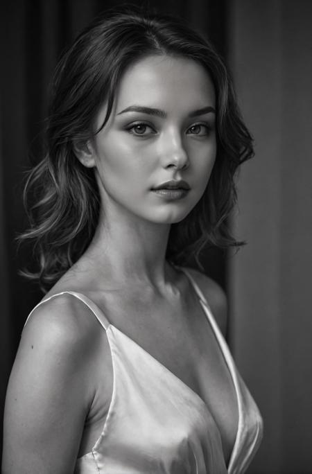 1girl, beautiful, smooth skin, greyscale, noir, white silk dress, portrait, close-up
