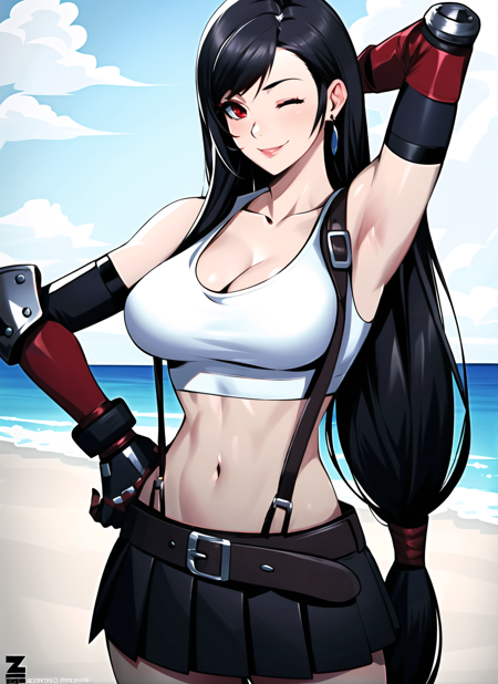 zeronis,  tifa lockhart, 1girl, thick lips, arm up, armpits, artist name, belt, black hair, breasts, red eyes, slim, cleavage, closed mouth, collarbone, cowboy shot, crop top, earrings, elbow gloves, elbow pads, gloves, jewelry, large breasts, lips, long hair, low-tied long hair, midriff, navel, one eye closed, outdoors, skirt, smile, solo, stomach, suspenders, tank top, upper body, ((masterpiece))  <lora:tifa_lockhart:0.3> <lora:zeronis_offset:1>