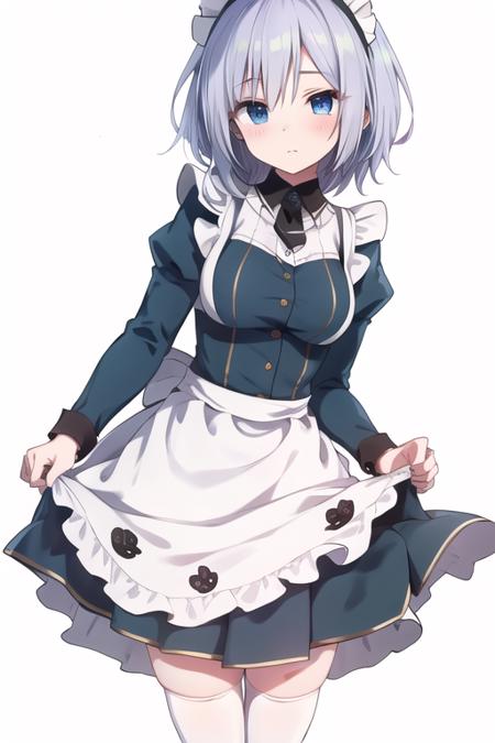 masterpiece, best quality,1girl, solo,himeji shirayuki,whtie hair,medium hair,blue eyes,long sleeves,juliet sleeves,apron,mary janes,maid,maid headdress,puffy sleeves,green dress,vest,buttons, white thighhighs,<lora:himeji:0.8>,standing, looking at viewer, white background, simple background, hands on own knees, 