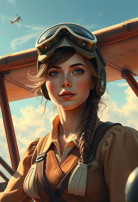 Masterpiece. (Title text: "Need buzz to fly"), Illustration of a beautiful woman, vintage aircraft pilot, early twentieth century, high-res, semi realistic, best quality, intricate details, ultra details, good lighting, vibrant colors, very detailed, octane render, ray tracing,