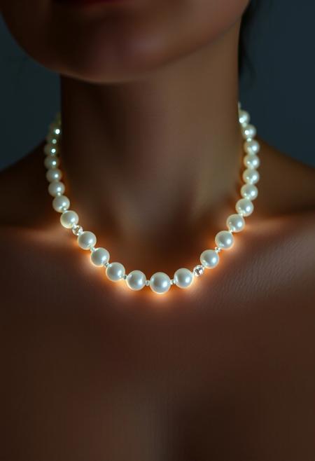 subdermal LED pearl necklace, (internal LED glow:1.7) forming a pearl-like pattern beneath the skin, (embedded LEDs:1.7) mimicking iconic pearl necklace design, soft glow radiating from beneath the collarbone, (pearl-like LED glow:1.6), (classic pearl jewelry design:1.5), natural skin tone with light diffusion, high-definition, (elegant pearls beneath the skin:1.5), ultra-realistic skin textures, (smooth radiant light transitions:1.5), refined and timeless, perfect for both formal and casual settings, (worn jewelry:-1.8), (visible necklace:-1.8), (clunky design:-1.5), seamless subdermal integration, high-resolution, glowing subdermal pearl accents, minimal external appearance, modern tech-enhanced beauty