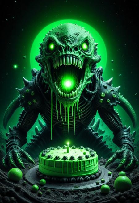 masterpiece,ultra-high resolution,incredible composition,extremely detailed, 
Necron monster with googly eyes, sharp teeth, rage extraterrestrial inside it, in space. made of beaten enchantment made of green glow, eating a green cake,