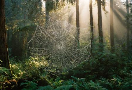 leica m3, 35mm Voigtlander lens, Portra 160/400, photo of A giant spiderweb spanning the branches of a redwood forest, catching the golden rays of dusk
,high contrast, natural  sunlight, National Geographic cover