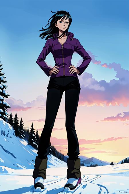 <lora:nico-06:1> nico robin,light smile, Ski: Ski pants, ski jacket, thermal top, and snow boots., Hands on hips, looking off into the distance., Softbox with a grid for directional but controlled light (Grid Softbox)., Twilight, Motion Blur Photography