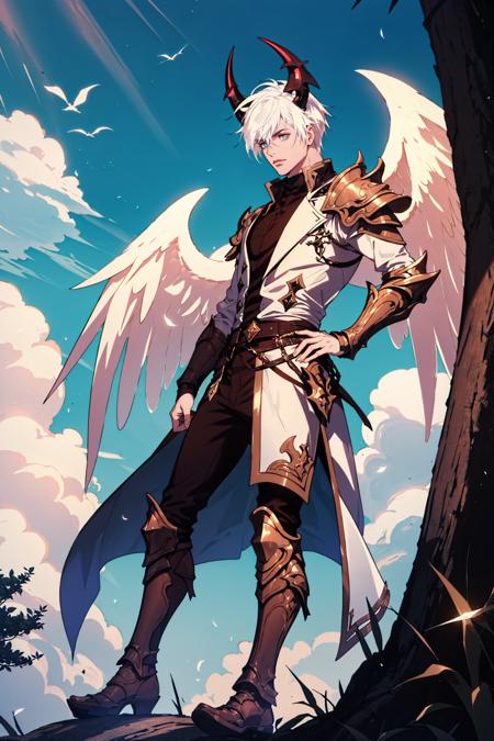 <lora:CREATED_ANIME_ShingekiNoBahamut_Lucifer_v01DanPend77_64dim:0.6>lucifer \(shingeki no bahamut\), 1boy, male focus, full body, white hair, horns, devil, demon, holy light, glowing outline, angel wings, feathered wings, dappled sunlight, nature background, forest, trees, blue sky, clouds, hand on hip, looking down, looking at viewer, armor, pedestal, sunbeam, intricate, detailed, filigree, 64K, f1.2, 800mm, UHD, dynamic lighting