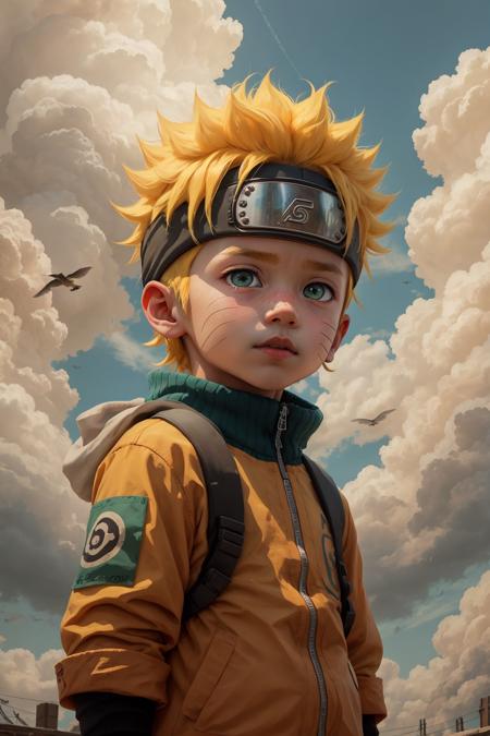 chibinaruto, 1boy, blonde hair, male focus, solo, sky, green eyes, cloud, day, whisker markings, bird, blue sky, male child, jacket, outdoors, upper body, cloudy sky