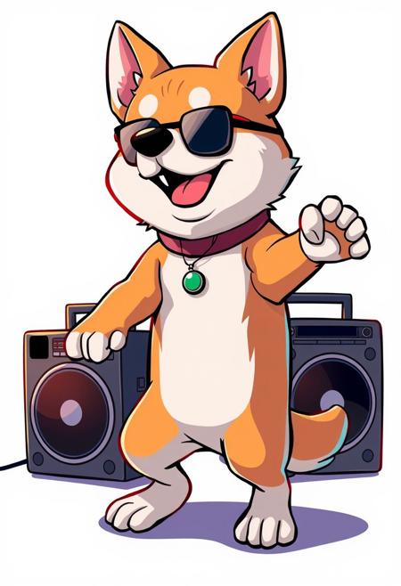 anime style, a dog break dancing with a boom box, chibi,