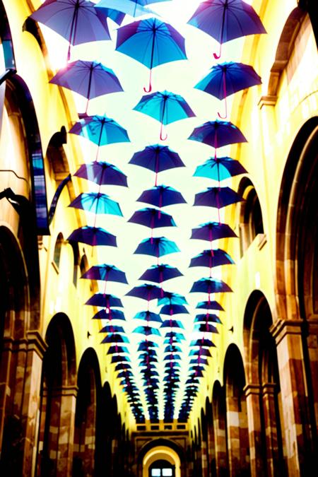 a building with many umbrellas hanging from the ceiling