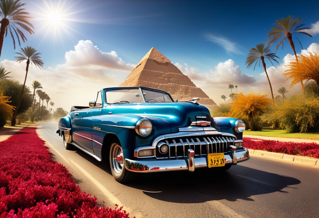 cinematic photo of 1952 Chevrolet Convertible, magnificent three pyramids of Giza appear clearly, charm, highly detailed car, Professional lighting, full of life, Lively and energetic, 8K, rays of sun flow beyond heavy clouds, HDR, Fast & Furious movie, motion blur, moving tires, Cinematic Shot, Cinematic Lighting, amazing world, pure perfection, Need For Speed, wide angle exterior background, wet asphalt road, autumn leaves, grass, flowers, jasmine flowers, palm trees, nebula horizon.