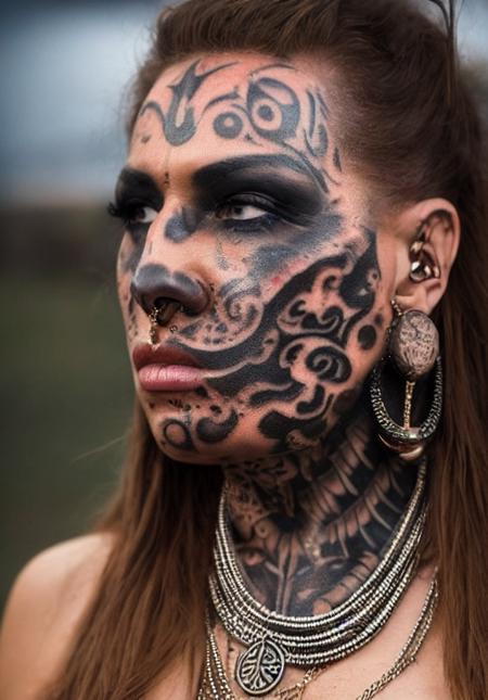 a close up of a person with tattoozfcs on their face and tattoozfczfc on her face and a chain around her neck and a necklace around her neck, half man half asian black bull, huge bulbous pitch black eyes, meth head, facebook, inspired by James Bolivar Manson, tattoozfczfc, reddit, solo, jewelry, 1girl, earrings, brown_hair, long_hair, looking_at_viewer, necklace, portrait, tattoozfc, brown_eyes, lips, realistic, closed_mouth <lora:tattoozfczfc_v1.0_10800_lora:1>