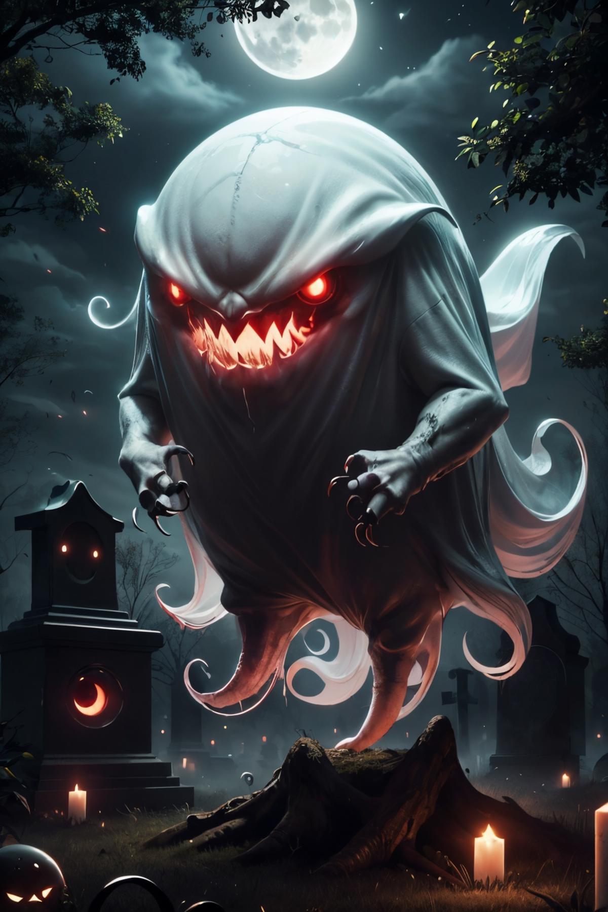 A giant, angry, and scary ghost with red eyes and sharp teeth stands next to a cemetery.