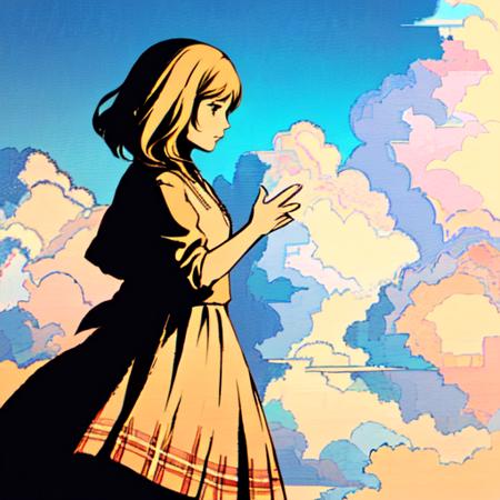 <lora:moshimoshibe-style-v1:1>, 1girl, sky, clouds