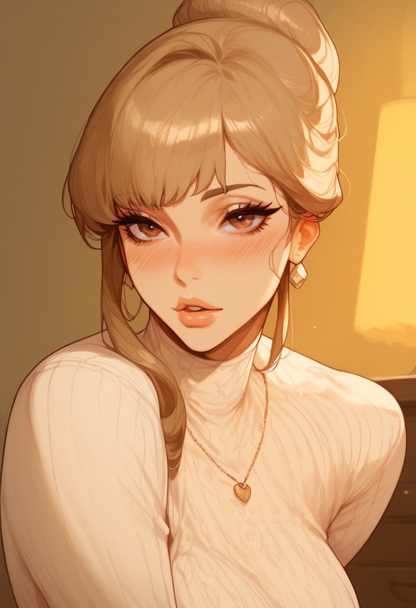 score_9, score_8_up, score_7_up, Expressiveh, masterpiece, g4n1m3, csr style, 1woman, solo, alone, milf, motherly, mother, curvy, chubby, bottom heavy, large hips, round ass, light brown hair, brown eyes, updo, long bangs, lavish clothing, horny, blushing, loving look, in love, indoors, bright lighting,