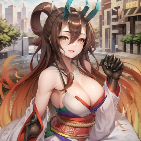 Kijyo_Kōyō a drawing of a woman in kimono, 1girl, breasts, claws, large breasts, solo, horns, white kimono, looking at viewer, long hair, gradient hair, hair between eyes, animal hands, brown hair, bare shoulders, cleavage, yellow eyes, smile, multicolored hair, tattoo, wide sleeves, slit pupils, kimono, outdoors, city background, woman with dragon tail and huge cleavage lays like a beast next to a chain, 1girl, gradient hair, breasts, large breasts, solo, multicolored hair, horns, brown hair, long hair, looking at viewer, animal hands, hair between eyes, cleavage, yellow eyes, monster girl, bare shoulders, wide sleeves, claws, very long hair, blush, slit pupils, kimono, smile