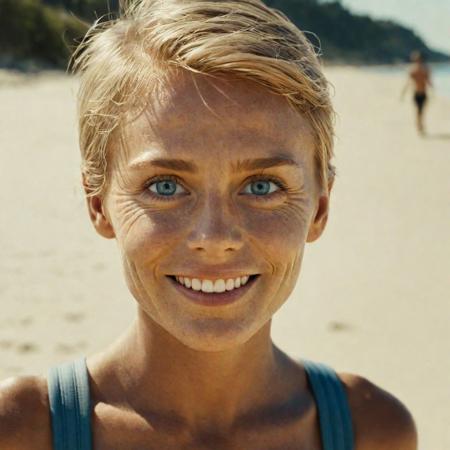 Full body framing, RTX, RAW photo, 8k, HDR, best quality, ultrarealistic, ultra-detailed, vignette, highly detailed, moody, epic,  film grain, Photo of a stunning  heroic blonde 74yo man, blonde hair, tan skin, face, cool, soft light, highly-detailed, ultra-realistic, face, ultra detailed hair, blue eyes, big open eyes, blue eyes, shimmering eyes, elongated ears, extremely beautiful, perfect face, well-detailed lips, perfect hands,  realistic skin texture, perfect teeth, smiling seductivly, naughty broad smile, smiling looking at viewer, looking at camera,  view from above, solo, light and shadow, dramatic lighting, teasing expression, rule of thirds, standing at beach, cleavage, backpack, summer midday, sunny, wet skin, shiny skin, wet hair,