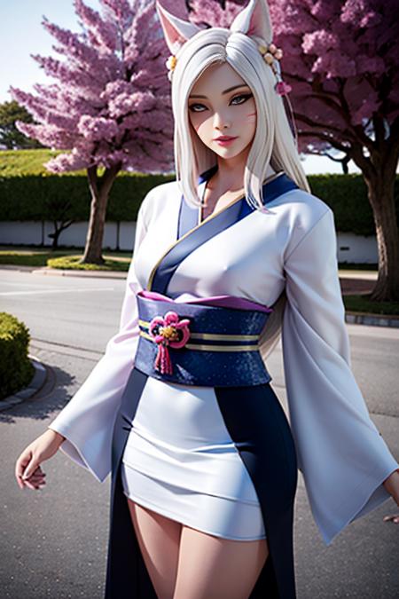 (realistic:1.5), xyzahri, ahri_\(league_of_legends\), skirt, white hair, japanese kimono, spirit_blossom_ahri, <lora:Ahri:0.5> <lora:ahriLeagueOfLegends_ahri45Suggested:0.5>