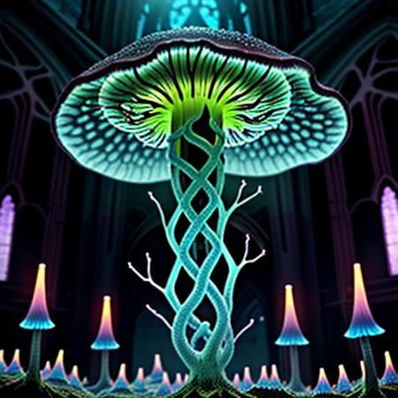 An eerie gigantic mushroom cathedral, its bioluminescent interior casting a soft, ethereal glow. The walls and ceiling are lined with cracked, glowing blue veins that mimic the intricate patterns of shattered glass, hinting at the presence of archaea and bacteria. In the center of this mystical space, a Kleptoparasi is a mixes of archaea/bacteria/mushroom/parasite/fungi a living virse humanoid entity, stands tall with its translucent bioluminescence glass like skin revealing a complex network of neon glowing veins in the same electric blue hue. Its eyes are two piercing dots of light that seem to pulse in sync with the surrounding fungal structure. The creature wears tattered robes made from what appear to be discarded membrane scraps, giving it an otherworldly, yet strangely organic appearance. As it steps into the heart of the cathedral, its veins flare up in a symphony of colorful flames—purple, teal, yellow, green, red, orange, and pink—manifesting its Kleptoparasitism Striker form. Its hands are now engulfed in a fiery dance of multiple hues, each flame representing a different type of energy stolen from various hosts. The parasite's posture is one of determination, its eyes focused on the horizon of the mushroom forest beyond, symbolizing its relentless pursuit of new life to infect and adapt to. The scene is a mesmerizing blend of beauty and horror, showcasing the delicate balance of life