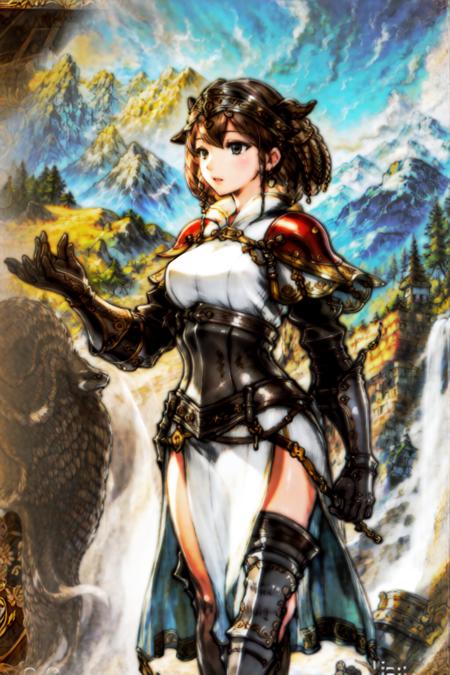 masterpiece, best quality, 1girl, <lora:BF:1>,armor,animals,mountain,