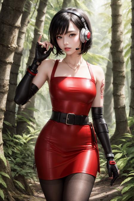 (masterpiece:1.2), (best quality:1.2), 1girl, <lora:Demi:1>, Demi, black hair, short hair, red eyes, red dress, gloves, single mechanical arm, pantyhose, headset, fingerless gloves, tattoo, in a forest, trees