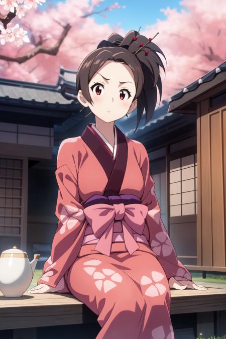 <lora:fuu-000025:1> fuu, kimono, hair ornament, hair stick, ponytail,
1girl, sitting, japanese east asian architecture, looking up, teacup, cherry blossoms