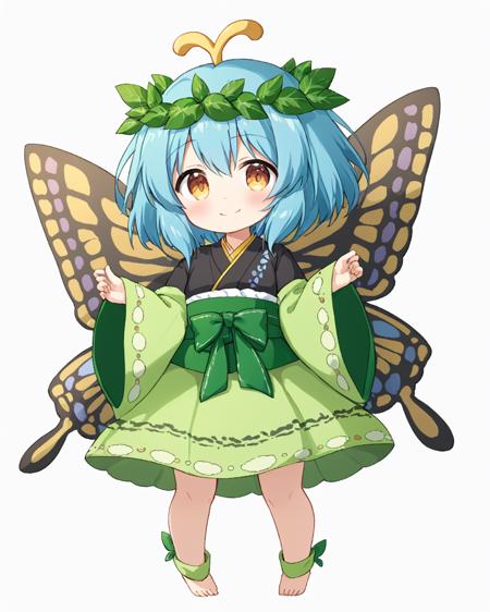 eternity larva,1girl, solo, alternate_hair_length, smile, antennae, butterfly, full_body, wide_sleeves, butterfly_wings, white_background, adapted_costume, leaf_on_head, green_hakama, simple_background, closed_mouth, green_kimono, head_wreath, blush, long_sleeves, green_dress, animal, sleeves_past_wrists
<lora:eternity_larva_image1690_2023-12-20:1>,star-shaped_pupils,symbol-shaped_pupils,. gorgeous,key visual, vibrant, studio anime,award-winning, professional, highly detailed,high budget, cinemascope