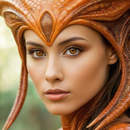 A close up portrait of a (((fantasy mesmerizing alien humanoid female, amazingly beautiful ethereal being))) that embodies the essence of wonder, exuding a (((a deep sense of marvel aesthetic))) that is heavily exaggerated beyond human form, very detailed close up dark amber orange reptilian humanoid eyes, Its presence is (((intangible reality))), existing only in the imagination, yet feels strikingly familiar to the human form, evoking a sense of unsettling mesmerizing beauty, Draw inspiration from julie bell's iconic art style for guidance.