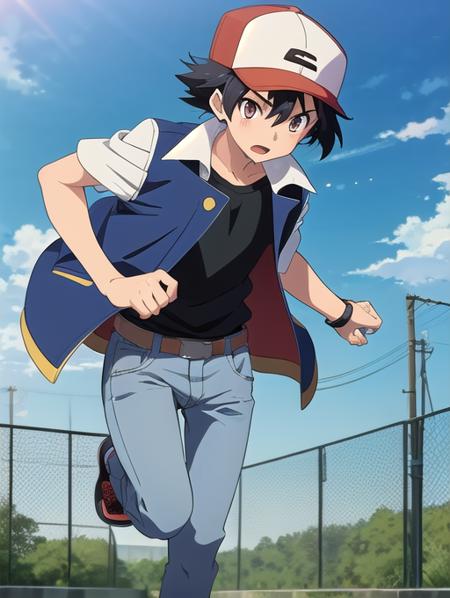 anime artwork, 1boy, OGAshK, baseball cap, black hair, short hair, spiked hair, brown eyes, outdoors, running, blue jacket with white sleeves, black shirt, jeans, anime style, key visual, vibrant, studio anime, highly detailed, <lora:Detail - add_detail:0.2>, <lora:Character - AshOG:0.8>