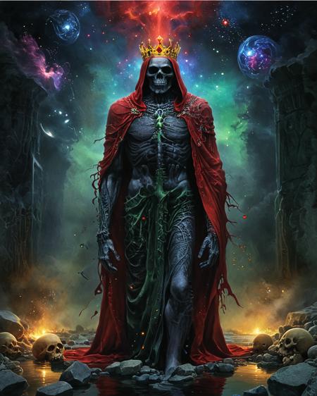 lich wearing a crown standing before a marble crypt, water, reflections, blood, realistic photo, hard science fiction, technology,  deepest black space, stars, colorful nebula, glowing runes, skulls, jewels, brilliant color, scarlet, indigo, crimson, yellow, green, <lora:add-detail-xl:0.75>,  <lora:xl_more_art-full_v1:0.5>   , ziprealism,   <lora:sdxl_lora_beksinski:0.8> b3ks1n