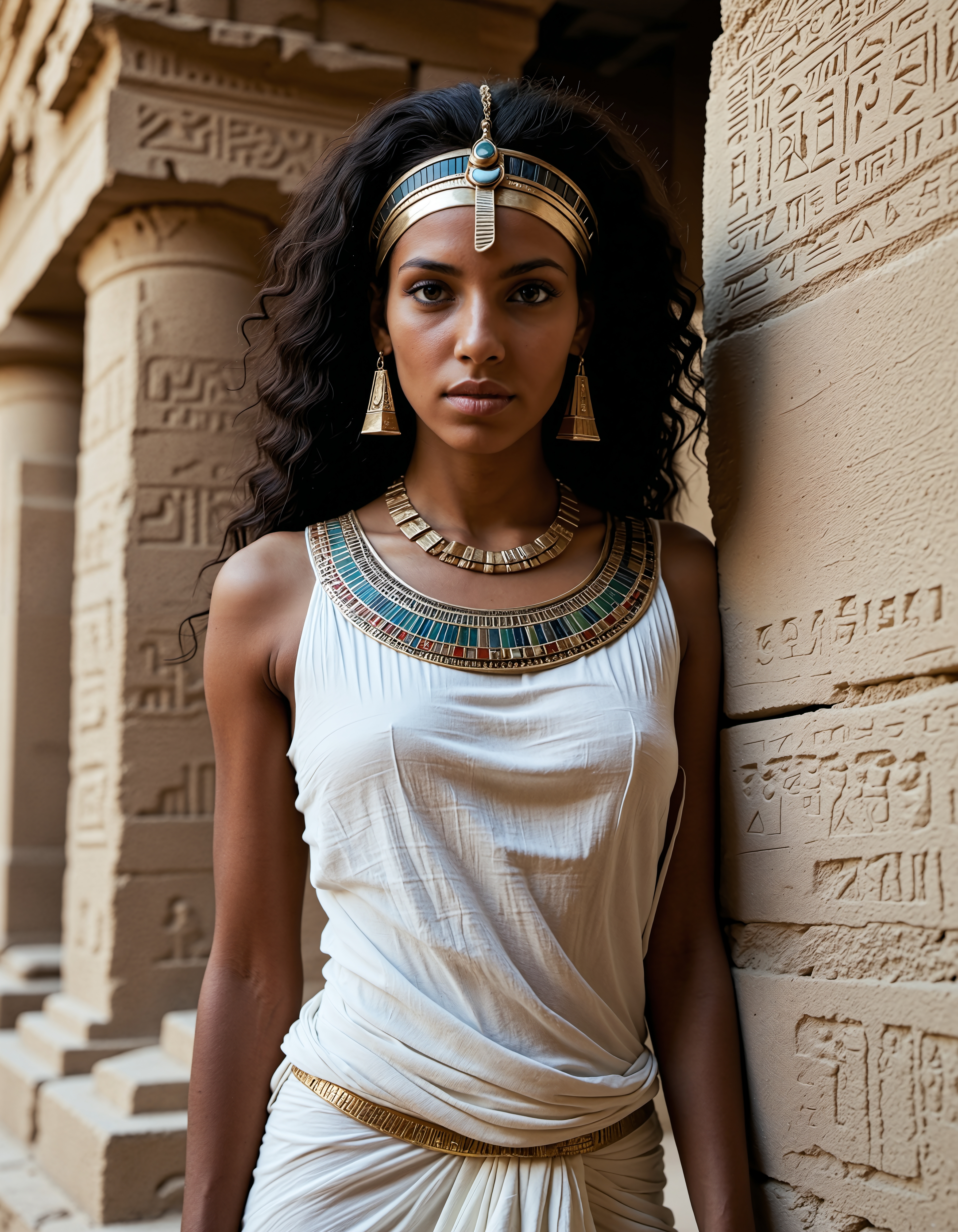 analogue photo of dark skin beautiful Egyptian woman, With the rough textures of a crumbling temple wall in the background, a determined goddess clad in a lightly worn, meticulously detailed linen tunic—adorned with delicate, weathered jewelry and a functional headpiece—examines ancient reliefs that echo the persistence of human endeavor., wlae86, <lora:sdxl_Egyptian_WalkLikeOne:1.0> clear focus, high resolution image,  ,Ancient, egypt, mystical and epic feel,,low light, soft natural light, Rembrandt style light, Hasselblad DLSR camera, 200mm Zeiss lens, f/2.8, ,Sexy pose, erotic pose, exhibitionism,
