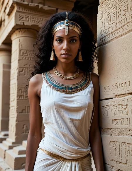 analogue photo of dark skin beautiful Egyptian woman, With the rough textures of a crumbling temple wall in the background, a determined goddess clad in a lightly worn, meticulously detailed linen tunic—adorned with delicate, weathered jewelry and a functional headpiece—examines ancient reliefs that echo the persistence of human endeavor., wlae86, <lora:sdxl_Egyptian_WalkLikeOne:1.0> clear focus, high resolution image,  ,Ancient, egypt, mystical and epic feel,,low light, soft natural light, Rembrandt style light, Hasselblad DLSR camera, 200mm Zeiss lens, f/2.8, ,Sexy pose, erotic pose, exhibitionism,