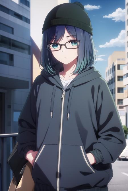 akanekurokawa, <lora:akane kurokawa s1-lora-nochekaiser:1>,
akane kurokawa, bangs, (green eyes:1.3), blue hair, medium hair, dark blue hair,
BREAK long sleeves, hat, jacket, glasses, hood, black jacket, black headwear, hoodie, hood down, red-framed eyewear, beanie,
BREAK outdoors, city, sun, sky, clouds,
BREAK looking at viewer, (cowboy shot:1.5),
BREAK <lyco:GoodHands-beta2:1>, (masterpiece:1.2), best quality, high resolution, unity 8k wallpaper, (illustration:0.8), (beautiful detailed eyes:1.6), extremely detailed face, perfect lighting, extremely detailed CG, (perfect hands, perfect anatomy),