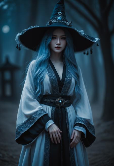 cinematic film still Tilt-shift photo of  <lora:Abstract Concept-Chaos:0.1>, . , .Selective focus, highly detailed, vibrant, perspective control,, <lora:Waifu Style-Du Qiong-000008:0.25>,Du Qiong,, dark fantasy horror theme,dark fantasy concept art,artificial construct,ranni the witch,renna of elden ring,lunar princess ranni,realistic living porcelain doll,very long hair,knee-length hair,flowing silver-blue hair,one-eyed,bright pale blue luminous eye,four arms,wearing heavy layered robes with intricate embroidery,large slightly tattered witch hat,ethereal,ghostly,moonlit,whitish glow,uncanny,cold,enigmatic aura,small frame,petite,slender, . shallow depth of field, vignette, highly detailed, high budget, bokeh, cinemascope, moody, epic, gorgeous, film grain, grainy