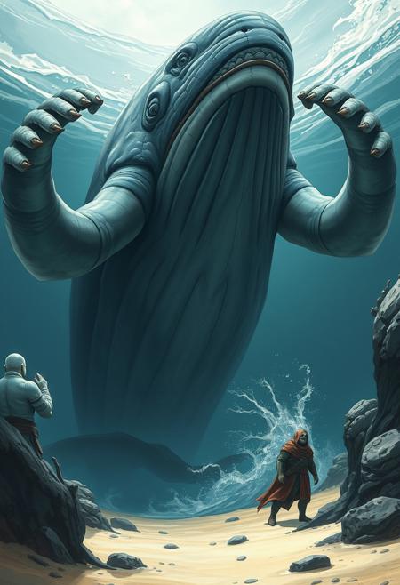 Behemoths are massive whales with powerful humanoid arms. Slow and ponderous, thoughtful and wise, they speak the language of whales and are the whales guardians and protectors. The Behemoths blubber protects them from cold but they are used to the quiet depths, and are hurt by loud noises. They have great strength, but this is offset by their gentle minds. Their ability to hold their breath is also unsurpassed, allowing them to function for extended periods underwater. The behemoths are the speakers of the Wysoomian Seas, coming ashore to further the objectives of the Whale Council.