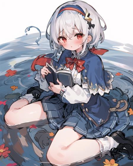 1girl, skirt, solo, shirt, blue skirt, white shirt, sitting, shoes, blush, long sleeves, short hair, pleated skirt, loafers, wariza, hairband, white socks, socks, blue capelet, bangs, parted lips, black footwear, white hair, bow, book, holding, water, red eyes, blue jacket, bottle, capelet