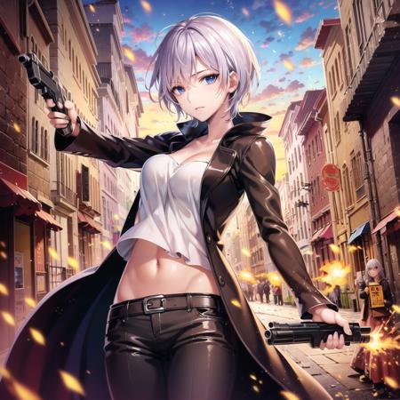 natalia_kaminski a girl with grey  hair in a black jacket smoking a cigarette, 1girl, solo, blue eyes, cigarette, short hair, breasts, room background, indoors, an anime illustration of a woman holding a gun, 1girl, weapon, gun, solo, short hair, blue eyes, fire, navel, long coat, midriff, day, outdoors, white hair, woman wearing black coat and white shirt is holding a gun and giving a sinister face, 1girl, solo, weapon, breasts, short hair, gun, navel, cleavage, cigarette, midriff, belt, blue eyes, large breasts, pants, coat, smoking, handgun