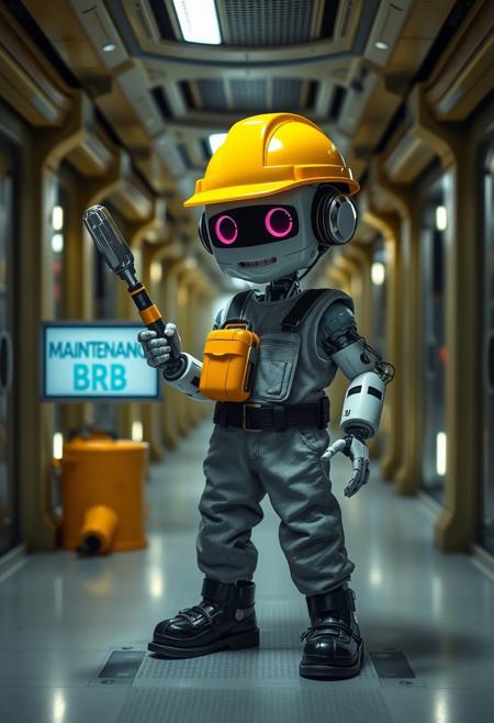 Photo of a maintenance robot, (wearing a yellow hardhat, grey janitor overalls, black work boots), holding a large screwdriver, (a sign displaying the word "Maintenance, BRB" is visible), in a spaceship corridor, comedic atmosphere, the android has a cyborg face with a  world-weary expression, Cinematic lighting, 8k, ultra realistic, hyper detailed, sci-fi, highlights, RAW, realistic, photo, best quality, (dramatic lighting), (sharp focus, intricate), Style-DoF