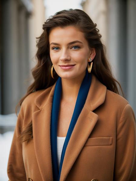 A beautiful p4ul1n4p woman,  1girl,solo,long hair,smile,blue eyes,brown hair,jewelry,earrings,scarf,lips,coat,realistic,soft lighting, professional Photography, Photorealistic, detailed, RAW, analog, sharp focus, 8k, HD, high quality, masterpiece<lora:p4ul1n4p:1.0>