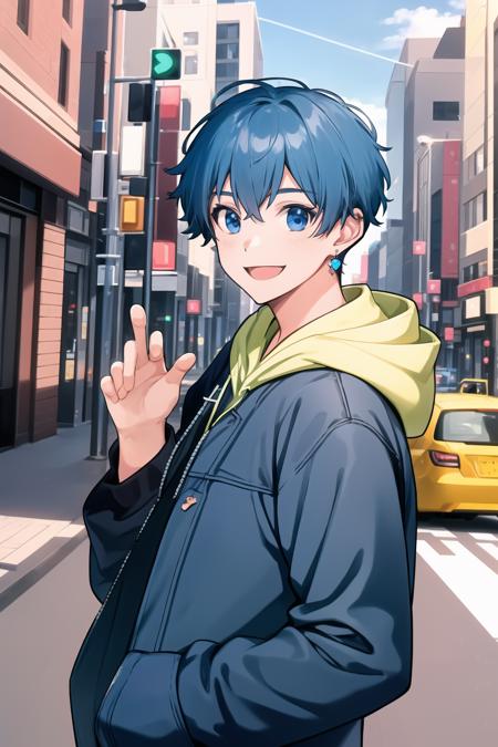 <lora:noyrv4:0.7> male focus, male only, looking at viewer, japanese intersection, traffic lights, busy street, hoodie, blue hair, blue eyes, smile, heart earrings