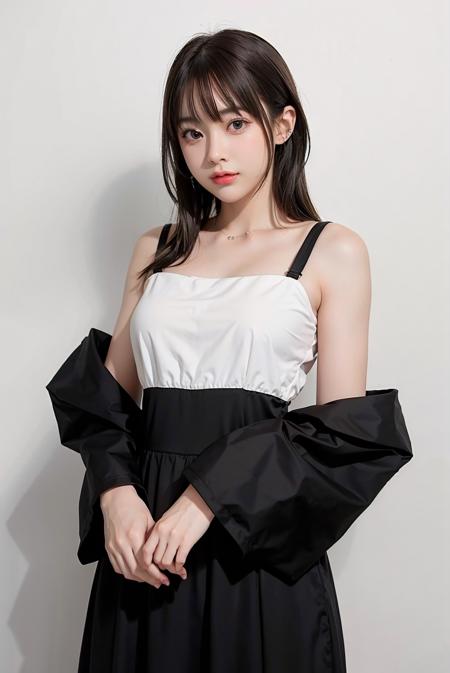 1girl, hair with bangs, black formal long dress, white background, <lora:Fangko_ok-02:1>