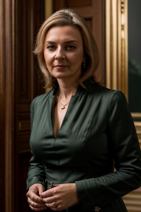 <lora:Liz_Truss:1> masterpiece, best quality, detailed face, 1woman, solo, a mature l1873t, realistic, green dress