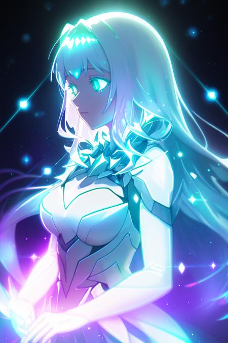 woman,long hair ,sunlight ,medium breasts, iridescent dress, glowing stars, A digital illustration, glowing stars, defraction spikes, chromatic aberration,bloom AND (glowing, holofoil:0.6)