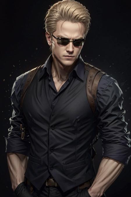 AlbertWeskerRE, 1boy, male focus, solo, sunglasses, sleeves rolled up, shirt, blonde hair, vest, black background, collared shirt, upper body, simple background, closed mouth, short hair
,masterpiece, best quality, cinematic lighting,
<lora:epi_noiseoffset2:1>,  <lora:AlbertWeskerRE:0.7>