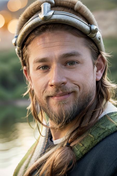 close up of a man in a vikings helmet, beard, shoulder length hair, <lora:ch4rl13hunn4m:1>, near a lake, bokeh, smiling:.1, RAW, 8K, UHD, highly detailed face, evening in iceland, fire in the background, holding a torch