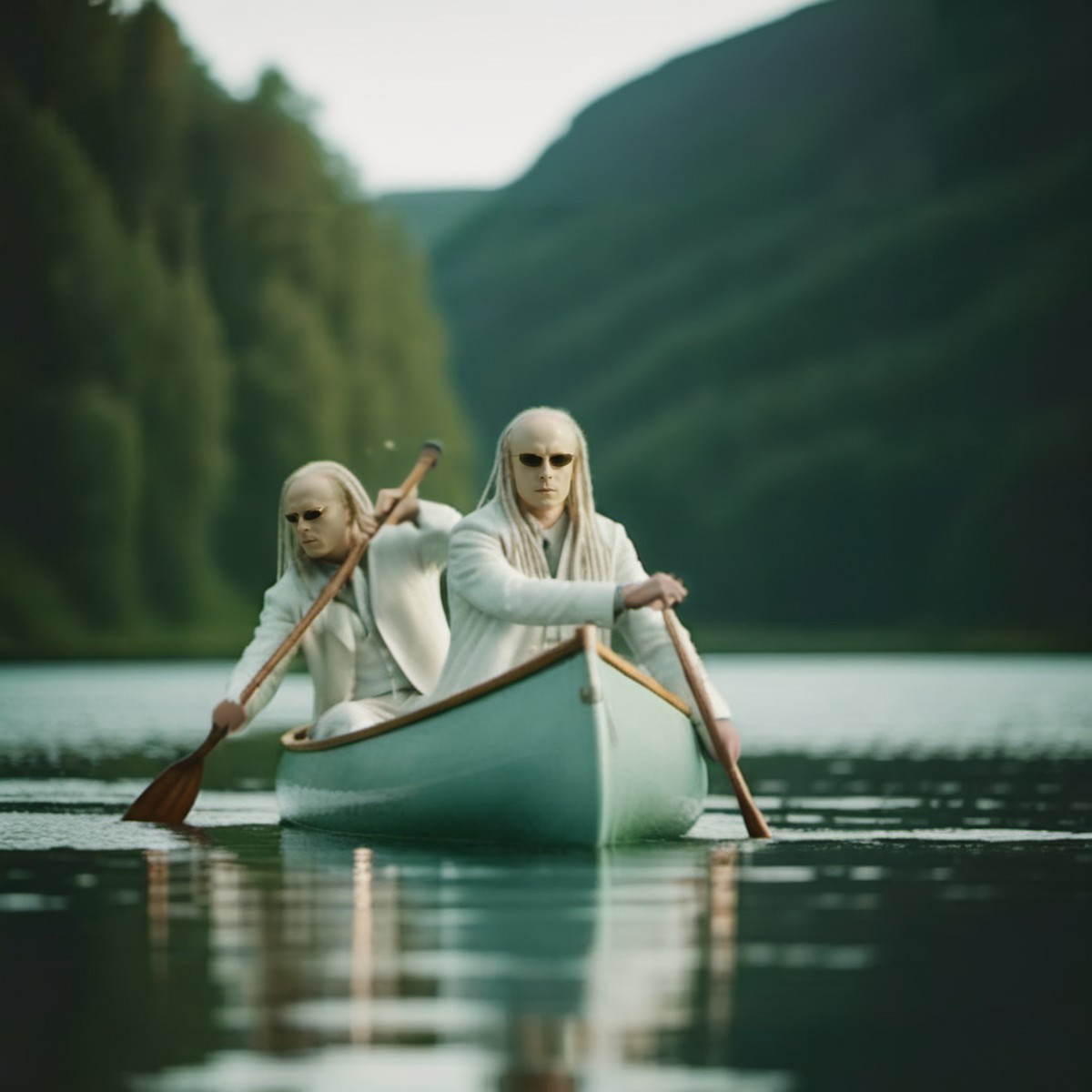 cinematic photo cinematic photo full body two pale men dressed in white, dreadlocks, sunglasses, in a canoe <lora:TheTwins...