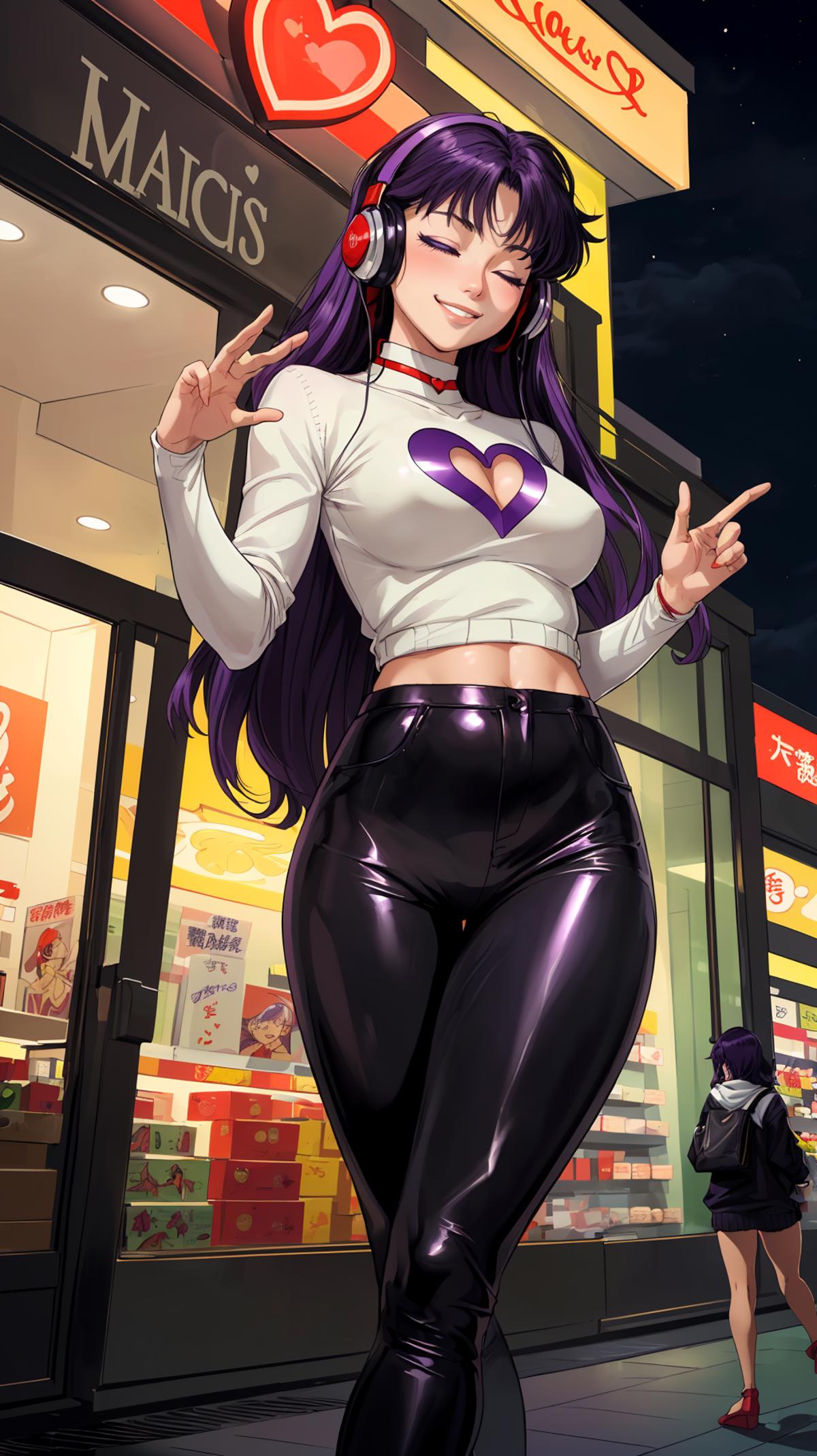 A cartoon image of a woman wearing a white t-shirt with a heart on it and black leather pants, giving a peace sign.