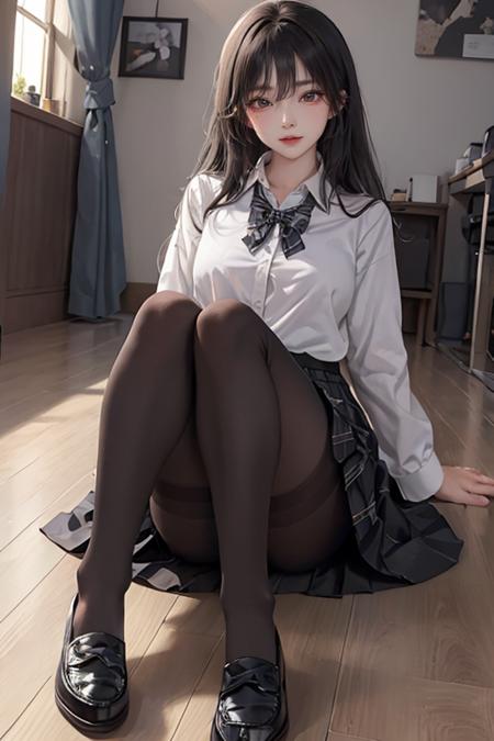 1girl,ultra detailed 8k cg, masterpieces, best quality,black hair,jk,black pantyhose,loafers, plaid skirt, black_footwear,school uniform,looking at viewer,class,day <lora:hsod:0.4> <lora:jk uniform:0.2> ultra detailed 8k cg, masterpieces, best quality