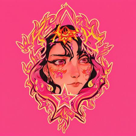 1girl, sm0k, earrings, star (symbol), upper body, flames, ornaments, simple background, pink, eyes open, long dark hair