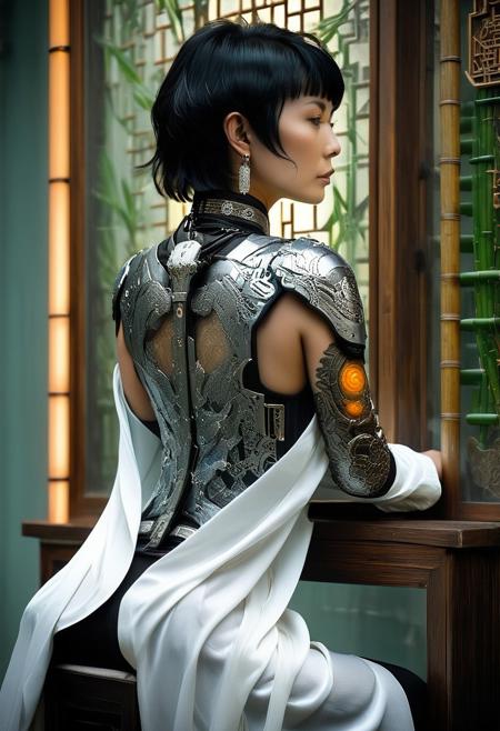 lazypos
Solo figure, androgynous cyborg with irezumi biomechanical armor, seated on ornate wooden chair with Hanfu-style silk robe asymmetrically draped, liquid pearl embroidery flowing from shoulder to waist. Short black hair with cybernetic cable accents, delicate facial features looking over the shoulder, back mostly turned to the viewer in contemplative pose, futuristic luminous tattoos glowing through translucent armor plates. White ceramic vase emitting ethereal smoke, misty courtyard with bamboo lattice shadows, volumetric lighting casting dappled patterns across semi-transparent biomechanical back. Minimalist composition with tilt-shift perspective and unexpected top-angle view emphasizing geometric silk folds against flat color gradients. Texture: PBR materials for metallic carvings and silk subsurface scattering. Lighting: two-tone cinematic with cool misty blues vs warm cybernetic oranges. Artistry: Chinese ink wash elements blended with cyberpunk neon, cyb0rg, science fiction, cable, mechanical parts, trending on ArtStation, trending on CGSociety, trending on DeviantArt.